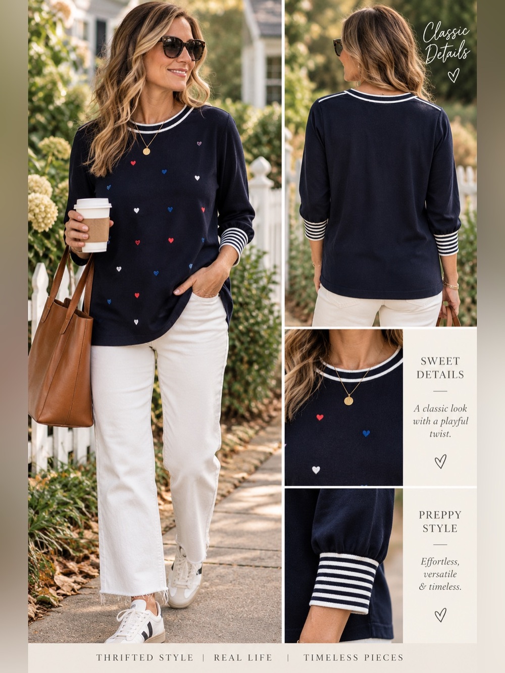 La Madona Navy Heart Sweater Top | Striped Cuffs | Preppy | Size L